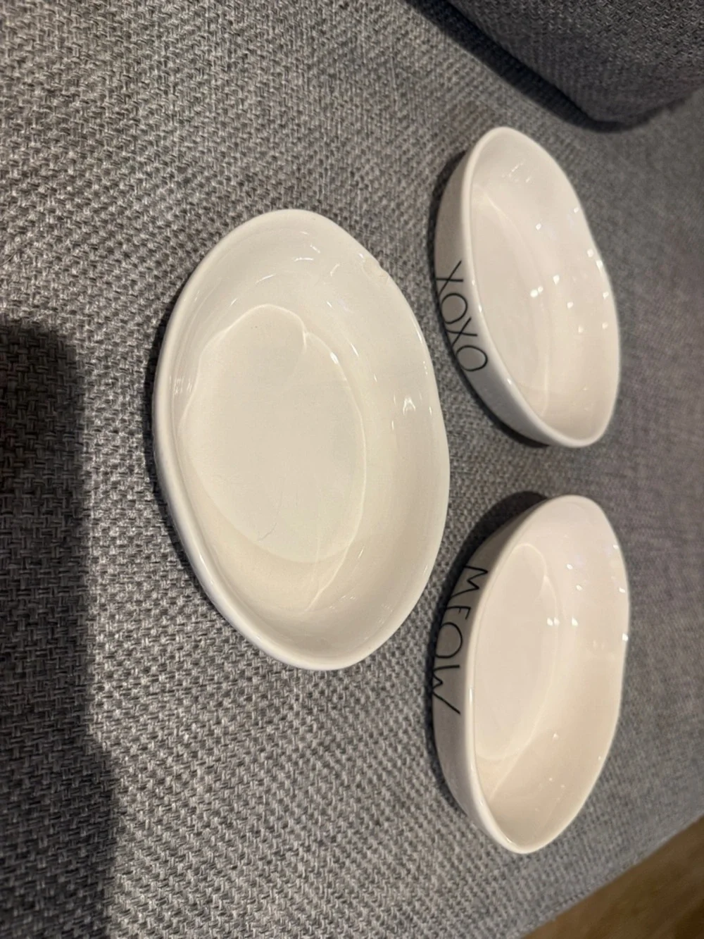 Rae Dunn Set of 3 White Ceramic Cat Bowls with Black Lettering